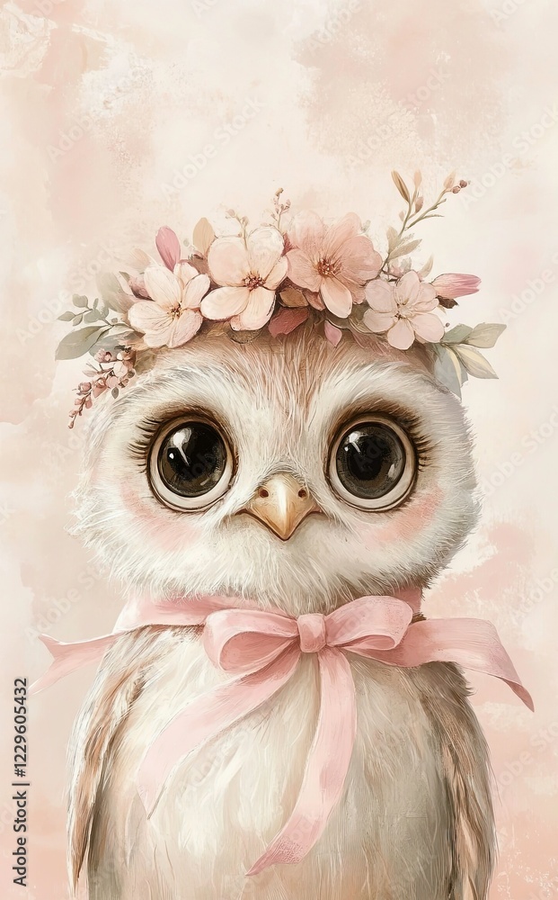 Obraz premium Cute owl wearing a floral crown with a big bow for a charming setting