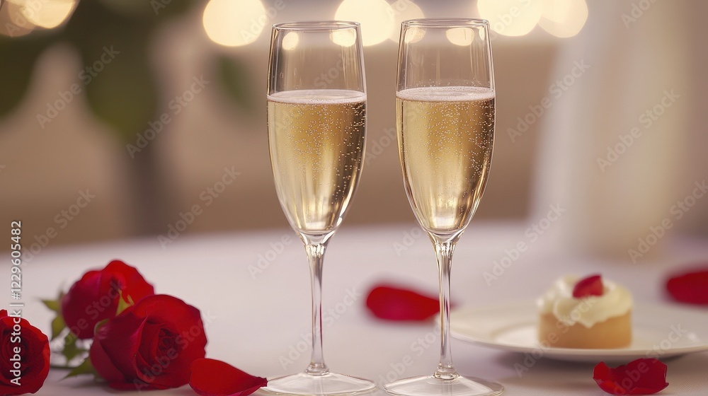 Champagne flutes on a romantic table setting with red roses, perfect for celebrations, anniversaries, and weddings, creating a joyful and intimate atmosphere. Champagne flutes on a romantic table setting with red roses, perfect for celebrations, anniversaries, and weddings, creating a joyful and intimate atmosphere.