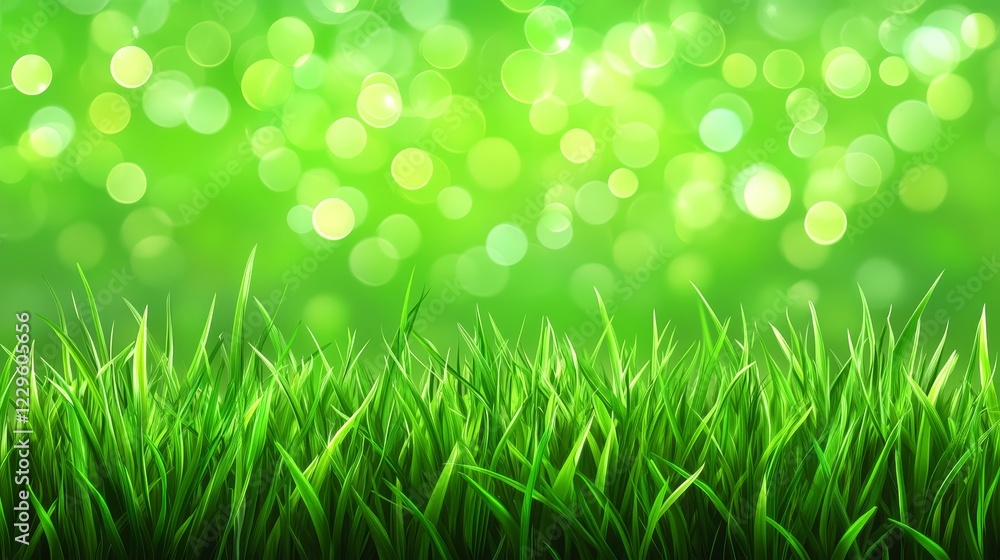 Fototapeta premium Beautiful sunny spring meadow with green grass and blue sky. Abstract background with light bokeh and space for text