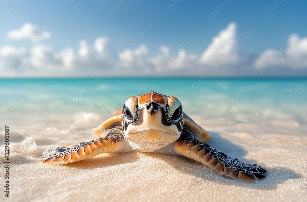 Obraz premium Close-Up of a Hatchling Sea Turtle Emerging from the Sand on a Tropical Beach with Sunny Skies and Ocean Waves in the Background