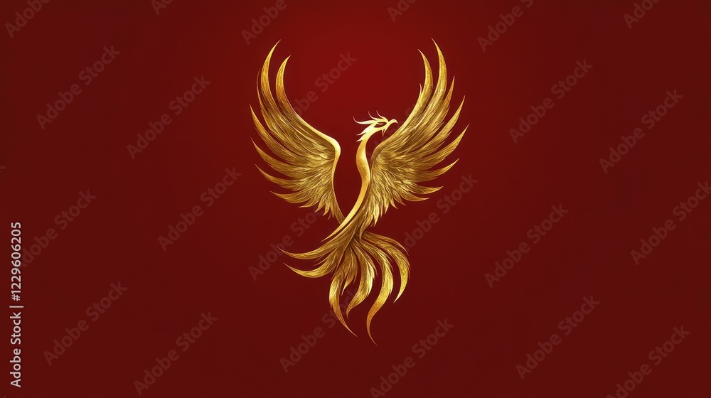 Golden phoenix bird soaring red background Golden phoenix bird soaring red background