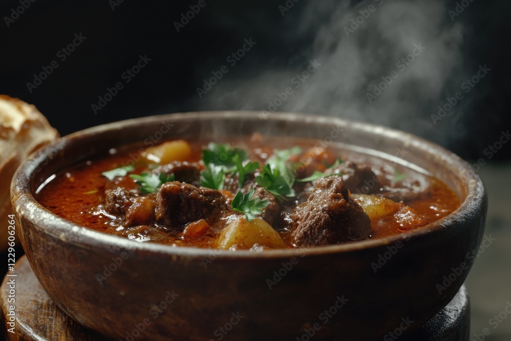 Bowl of Hungarian goulash, rich with tender beef, vibrant paprika, and chunks of perfectly cooked potatoes, served in a rustic, dark setting. Bowl of Hungarian goulash, rich with tender beef, vibrant paprika, and chunks of perfectly cooked potatoes, served in a rustic, dark setting.
