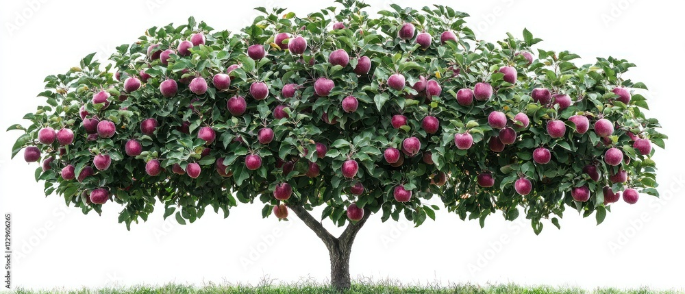Fototapeta premium Red apple tree full of ripe fruit, isolated on white, grass patch