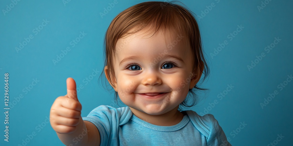 Cheerful Baby with Thumbs-Up in Cyan Shirt Cheerful Baby with Thumbs-Up in Cyan Shirt
