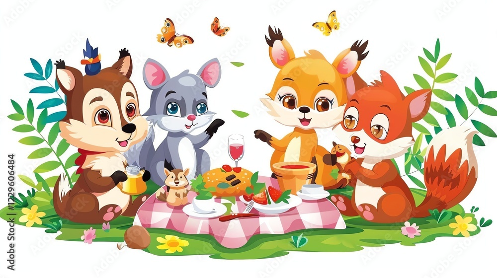 Obraz premium A cartoon illustration of four woodland creatures having a picnic.