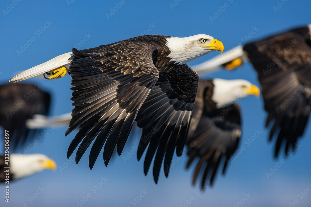 Obraz premium Eagles soaring gracefully in formation against clear blue sky, showcasing their majestic wings and sharp features