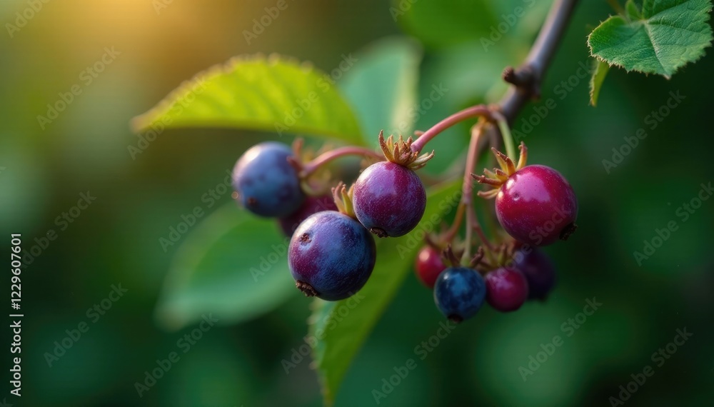 purple berries ripening on a bush in late summer, foliage, ripe purple berries ripening on a bush in late summer, foliage, ripe