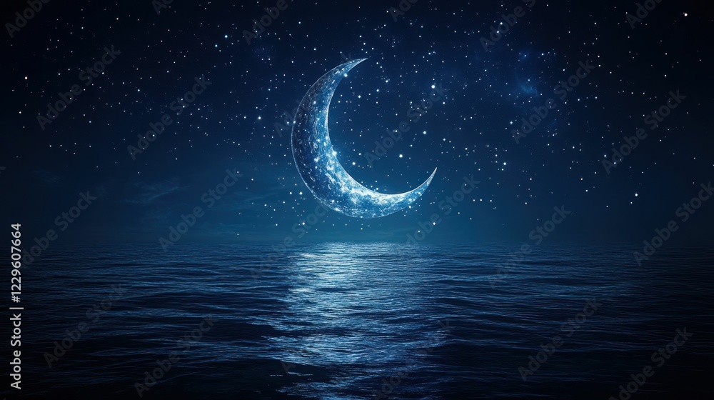 Crescent moon above tranquil dark ocean night Crescent moon above tranquil dark ocean night