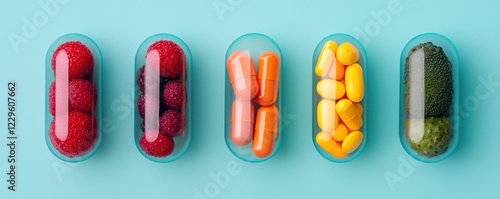 Healthy supplement capsules filled with nutrient-rich fruits and vegetables studio setting modern aesthetic