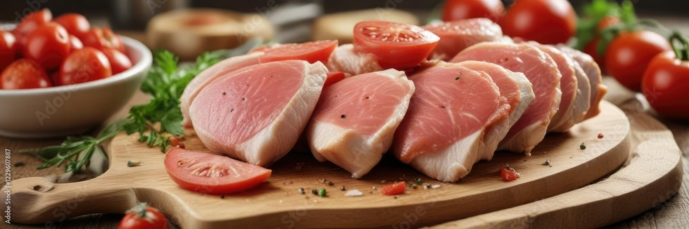Raw chicken thigh pieces scattered with sliced tomatoes on a wooden cutting board with a blurred background, , food arrangement Raw chicken thigh pieces scattered with sliced tomatoes on a wooden cutting board with a blurred background, , food arrangement