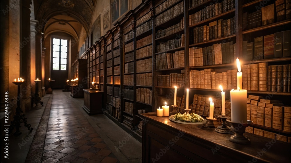 Flickering candles illuminate a dark room filled with rows of dusty tomes and shelves of ancient artifacts, dusty tomes, magical tools, ancient artifacts, dimly lit room Flickering candles illuminate a dark room filled with rows of dusty tomes and shelves of ancient artifacts, dusty tomes, magical tools, ancient artifacts, dimly lit room
