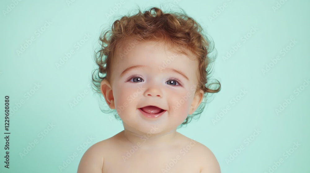 Happy Baby Portrait Against Light Blue Background Happy Baby Portrait Against Light Blue Background