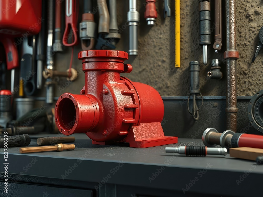 Red plastic drain pump on a workbench with various tools and pipes surrounding it, workshop equipment, DIY project Red plastic drain pump on a workbench with various tools and pipes surrounding it, workshop equipment, DIY project