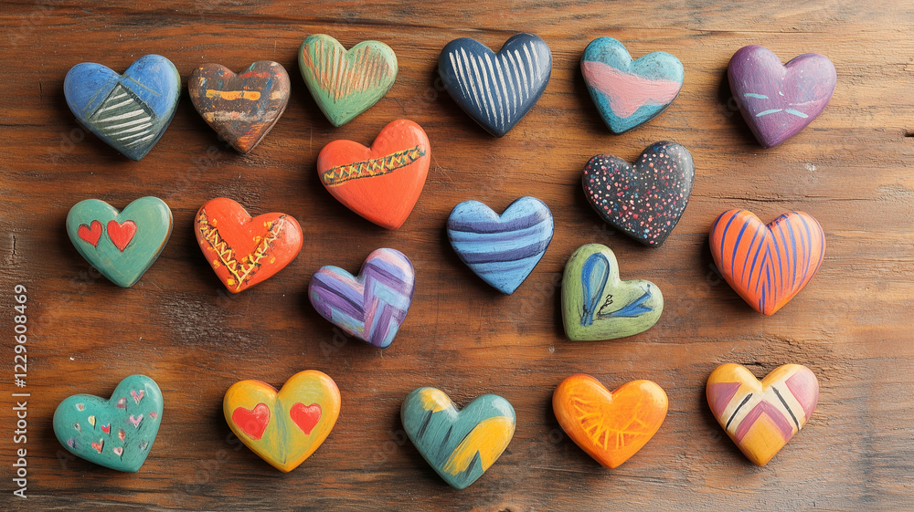 Fototapeta premium colorful heart clipart images scattered across a wooden desk with a cozy, homey ambiance,