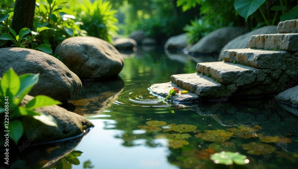 Rock steps in a small pond with aquatic plants, serenity, nature, pond scenery Rock steps in a small pond with aquatic plants, serenity, nature, pond scenery