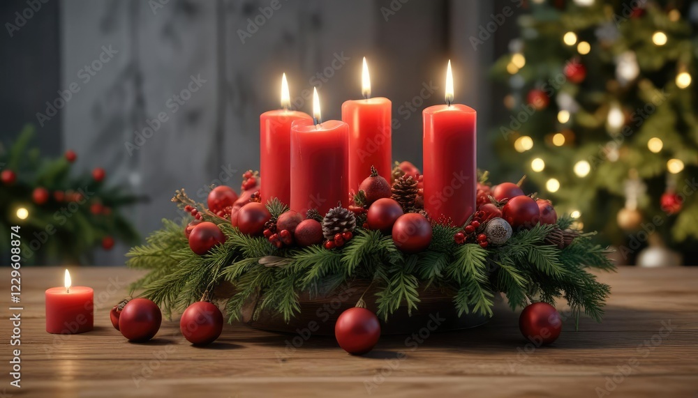 Rote Kerzen in einem Adventskranz auf einer Weihnachtsmöbel, kerzen, weihnachten, red candles Rote Kerzen in einem Adventskranz auf einer Weihnachtsmöbel, kerzen, weihnachten, red candles