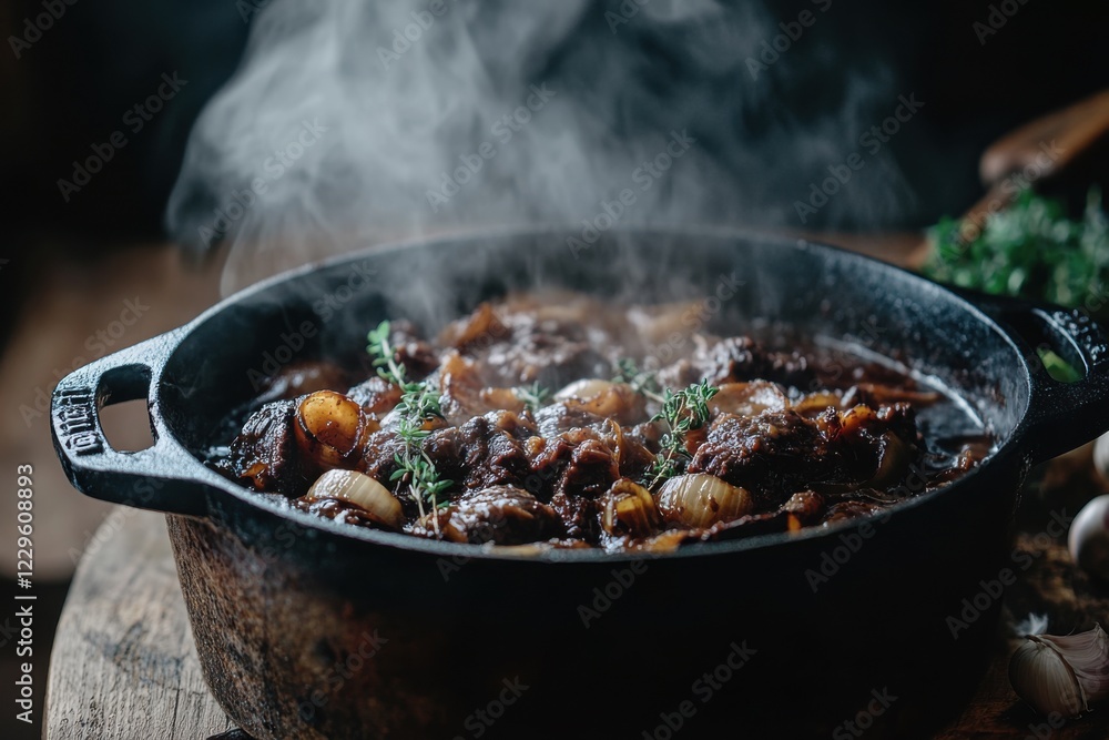 Dutch oven filled with slow-braised beef, tender mushrooms, and caramelized onions, all bathed in a luxurious, rich wine sauce. Dutch oven filled with slow-braised beef, tender mushrooms, and caramelized onions, all bathed in a luxurious, rich wine sauce.