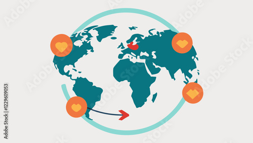 Trade Route Map with Circular Arrows A global trade route map with circular arrows showing items that are unable to leave their origin country highlighting trade imbalances.
