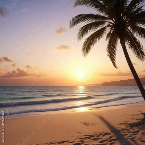 Sandy beach at sunset with a lone palm tree swaying in the breeze, soothing colors, palm tree