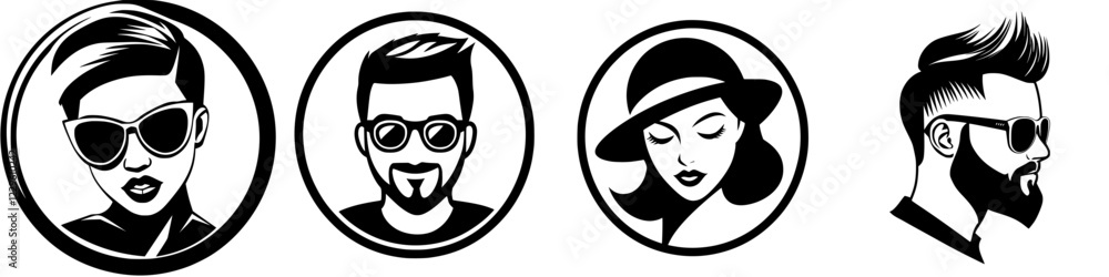 Stylish black and white illustrations of diverse individuals showcasing modern hairstyles and accessories in a creative design Stylish black and white illustrations of diverse individuals showcasing modern hairstyles and accessories in a creative design