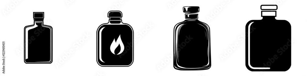 Different styles of black bottles with various designs displayed on a plain background