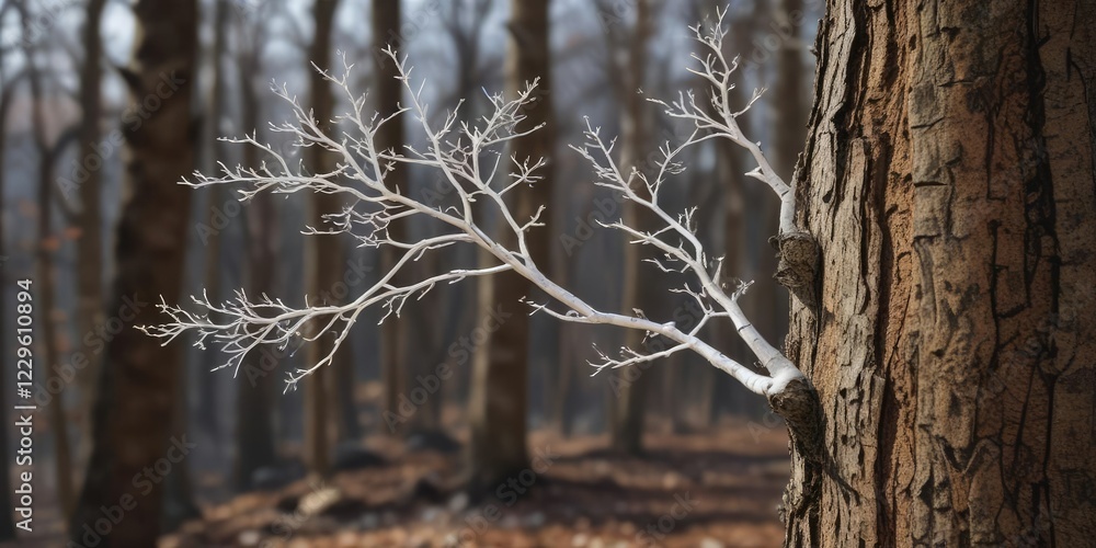 single thin white branch on a bare tree trunk, tree limb, nature branch single thin white branch on a bare tree trunk, tree limb, nature branch