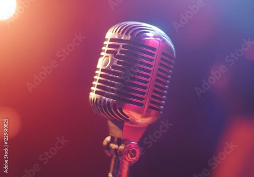 A microphone is placed on a stand right in front of a wall