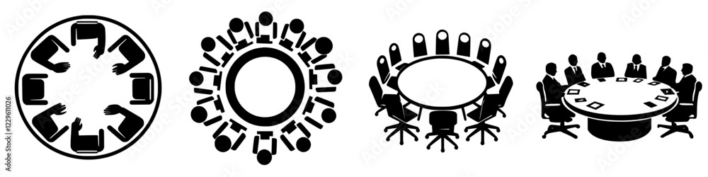 Various illustrations of group meetings and collaborative discussions in different settings Various illustrations of group meetings and collaborative discussions in different settings