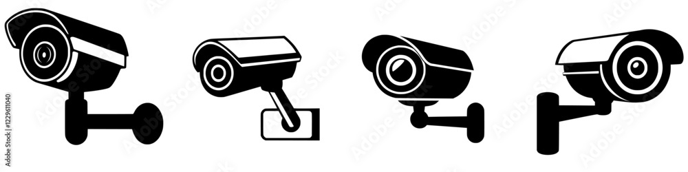 Surveillance cameras in various styles and positions capturing security features in urban environments Surveillance cameras in various styles and positions capturing security features in urban environments