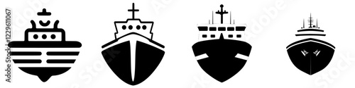 Collection of ship silhouettes showcasing various designs and hull shapes on a plain background