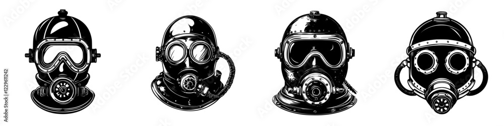 Multiple gas masks displayed on a clean white background showcasing different designs and styles Multiple gas masks displayed on a clean white background showcasing different designs and styles