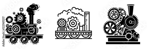 Illustration of vintage steam locomotives with visible gears and machinery showcasing the engineering marvels of the industrial age