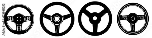 Various designs of steering wheels showcased in black silhouette style on a white background