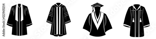 Various styles of academic graduation gowns displayed in a simple, monochrome design for educational ceremonies