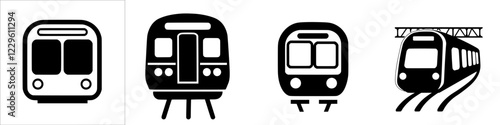 Various styles of train silhouettes representing public transportation options in urban settings