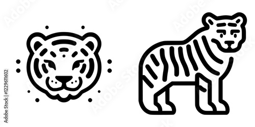 Stylized tiger illustrations featuring a face and full-body design in a minimalist style