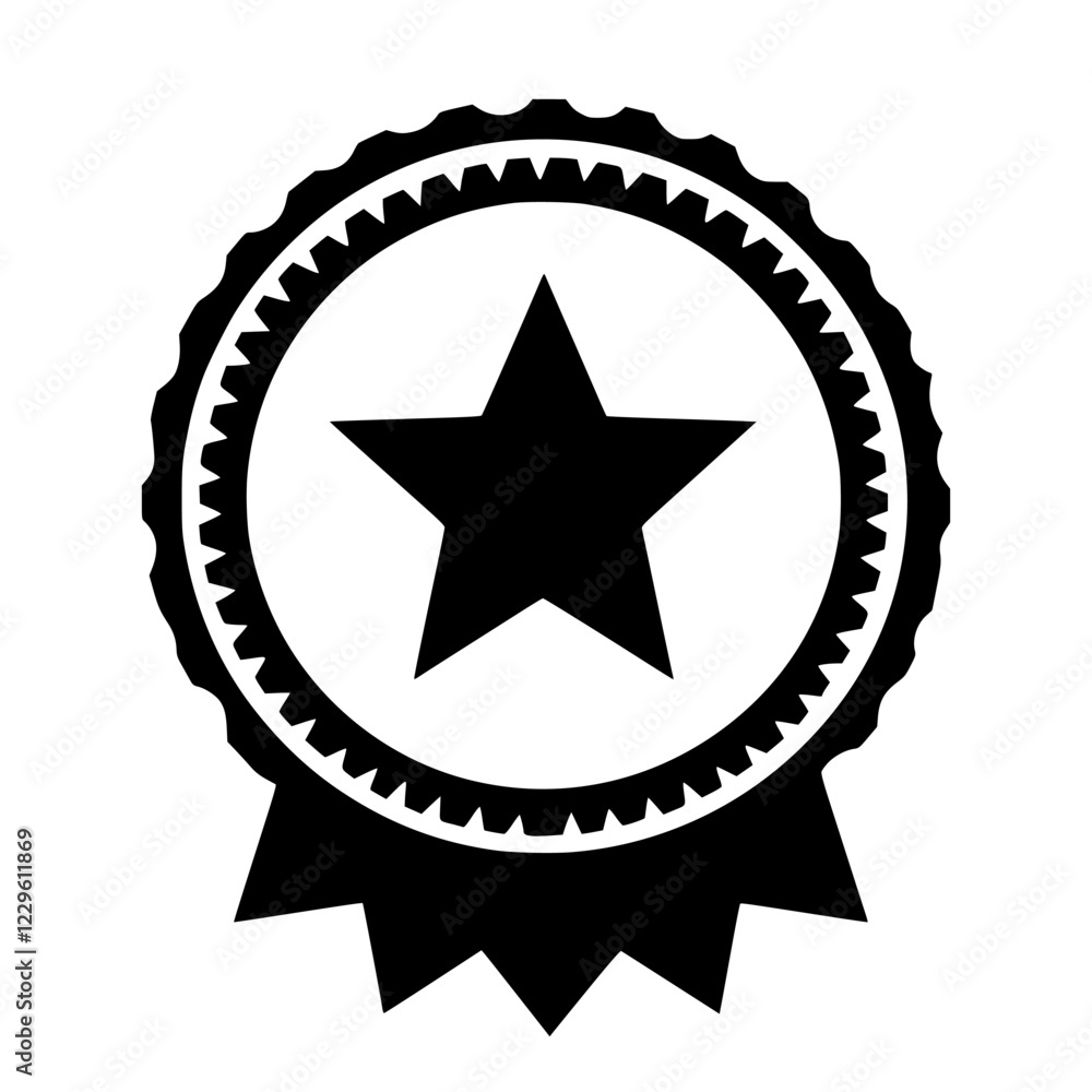 Black and white badge featuring a star and ribbon design suitable for various achievements and recognition purposes Black and white badge featuring a star and ribbon design suitable for various achievements and recognition purposes