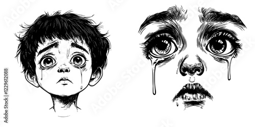 Emotional expression of sorrow captured through two illustrations of crying children