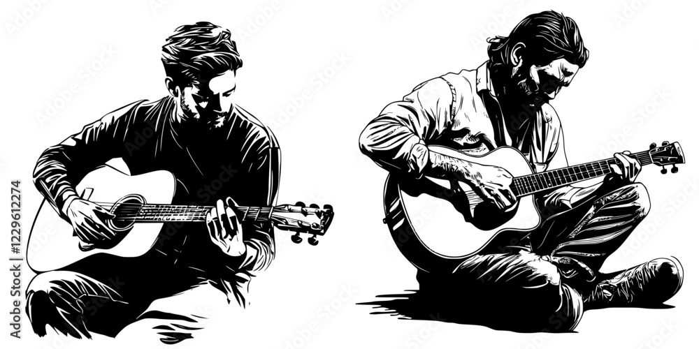 Musicians playing acoustic guitars in a casual setting, focused on their performance during a sunny afternoon Musicians playing acoustic guitars in a casual setting, focused on their performance during a sunny afternoon