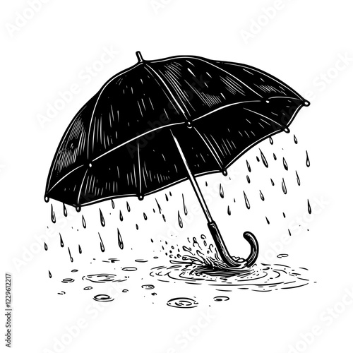 Weathering a rainstorm with a black umbrella in a city setting surrounded by puddles and droplets