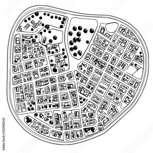 Detailed urban planning layout showcasing a well-structured city with various zones and green spaces