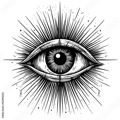 Intricate design of an all-seeing eye surrounded by sunburst rays and stars in a vintage illustration style