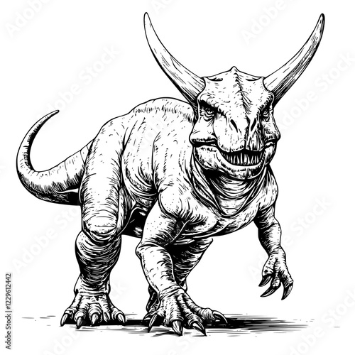 Dinosaur illustration showcasing a stylized triceratops in a natural pose