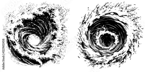 Swirling black and white water patterns evoke powerful ocean currents and dynamic wave motion in abstract art