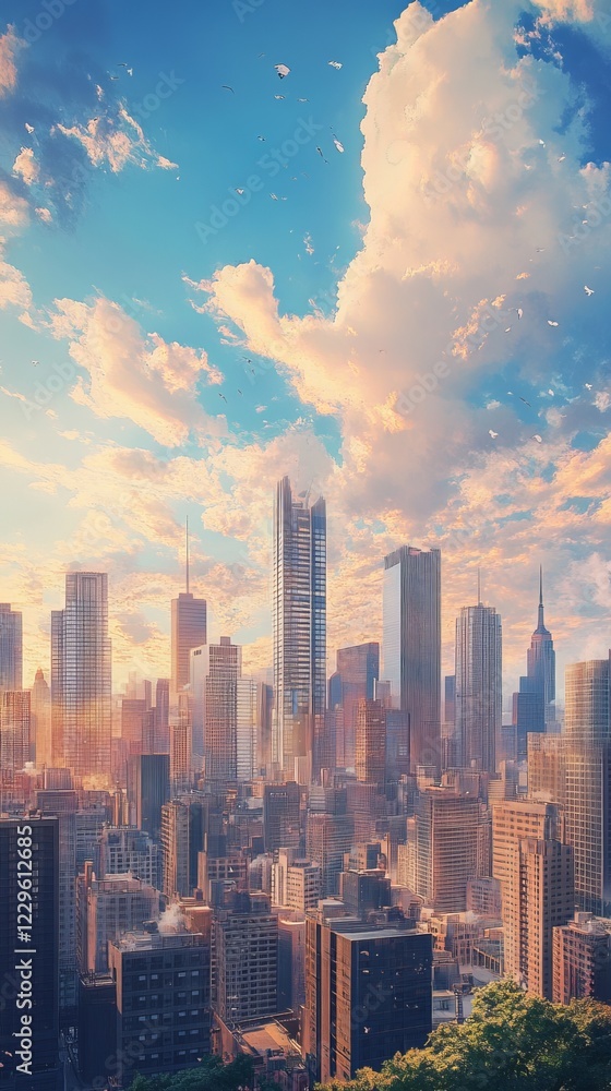 A breathtaking view of a modern city skyline at sunset, featuring towering skyscrapers and vibrant clouds. A breathtaking view of a modern city skyline at sunset, featuring towering skyscrapers and vibrant clouds.