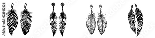 Elegant feather earrings displayed in a minimalistic style, showcasing intricate designs and patterns