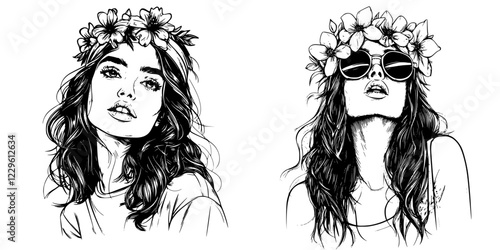 Young woman wearing flower crown and sunglasses posing confidently in a stylish manner during a sunny day