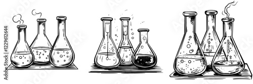 Chemistry lab setup with various glass flasks showing chemical reactions and bubbling mixtures