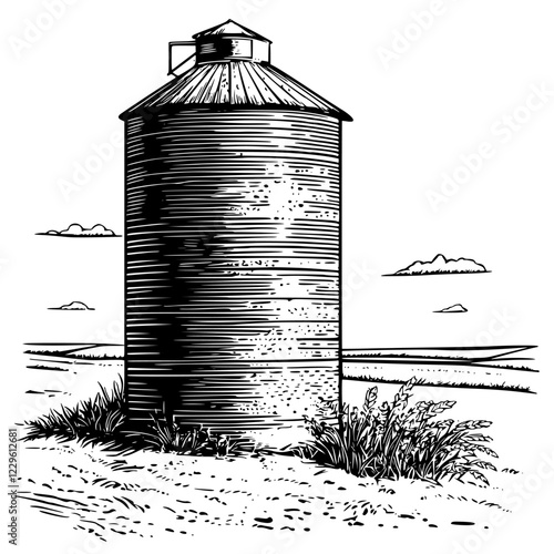 Silo standing tall in open fields with cloudy skies during daytime