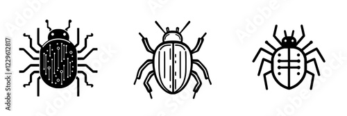 Three black and white insect illustrations showcasing different beetle designs and patterns in a minimalistic style